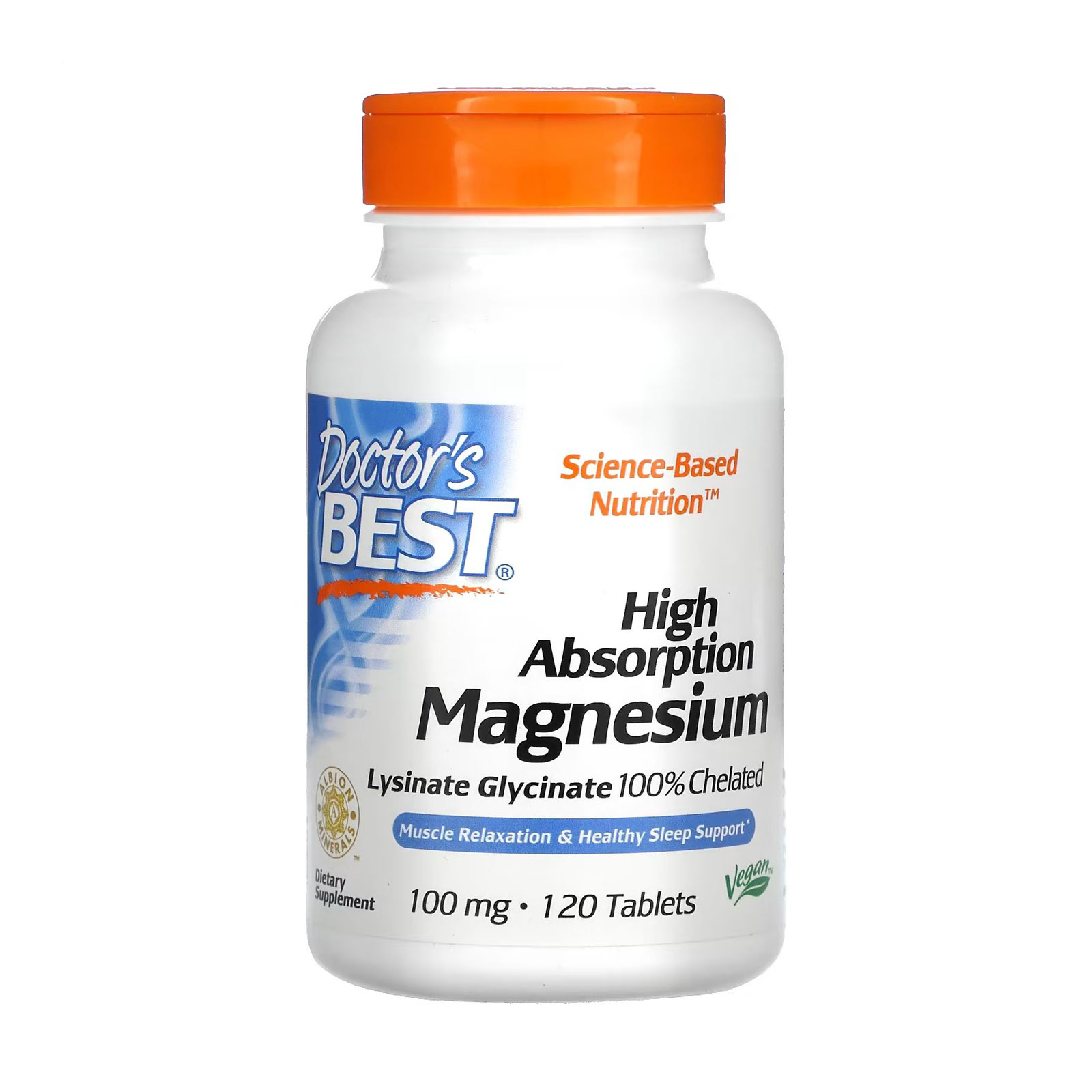 Магній хелат Doctor's Best High Absorption Magnesium з мікроелементами Albion 100 мг, 120 таблеток
